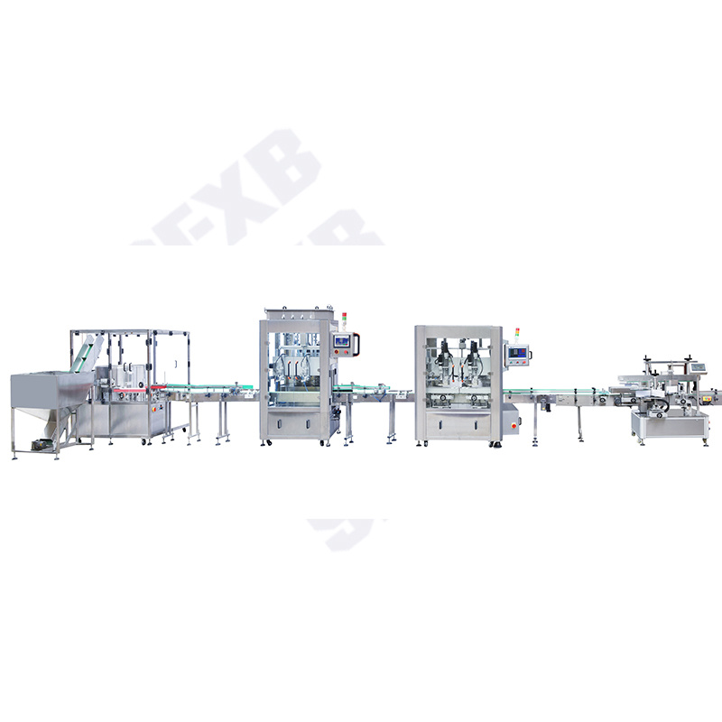 Double-head follow-up bottle unscrambling/filling/capping/double-sided labeling machine production line